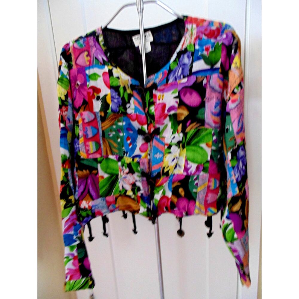 Vtg 80s Boho Chic Floral Patchwork Colorful Cropped Jacket Brass Metal Dangles